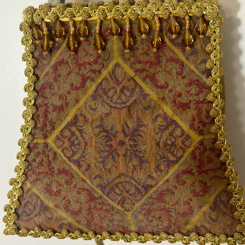 Moo Roo vintage handbag fabric, beads, gold trim w handles & long shoulder strap